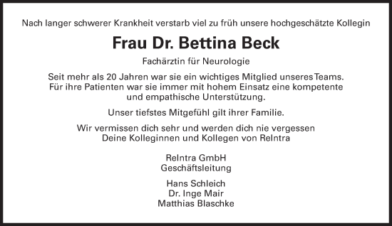 Traueranzeige von Bettina Beck von Süddeutsche Zeitung