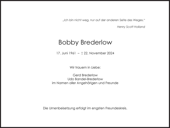 Traueranzeige von Bobby Brederlow von Süddeutsche Zeitung