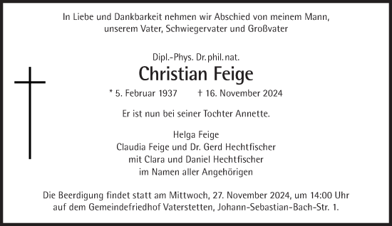 Traueranzeige von Christian Feige von Süddeutsche Zeitung