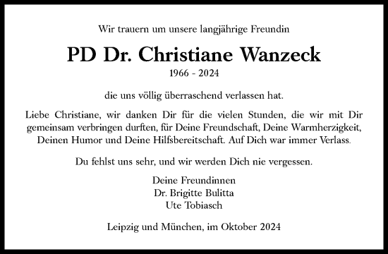 Traueranzeige von Christiane Wanzeck von Süddeutsche Zeitung