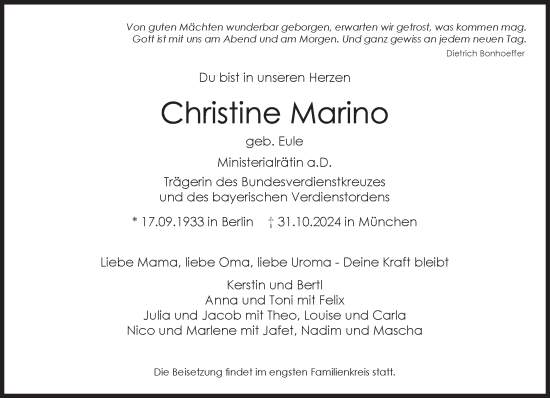 Traueranzeige von Christine Marino von Süddeutsche Zeitung