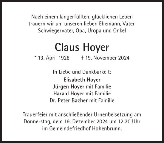 Traueranzeige von Claus Hoyer von Süddeutsche Zeitung