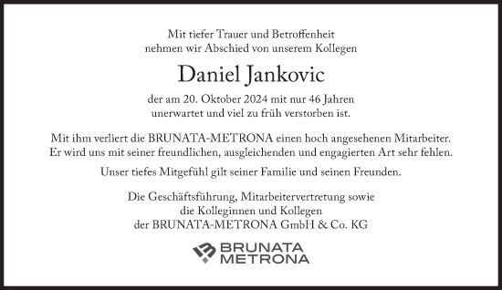 Traueranzeige von Daniel Jankovic von Süddeutsche Zeitung