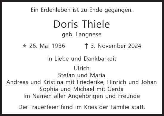 Traueranzeige von Doris Thiele von Süddeutsche Zeitung