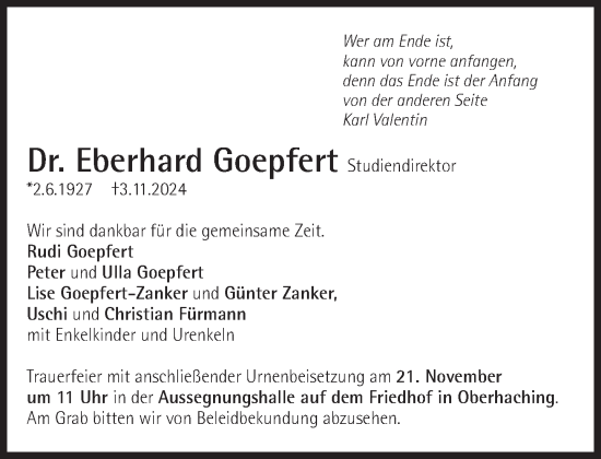 Traueranzeige von Eberhard Goepfert von Süddeutsche Zeitung