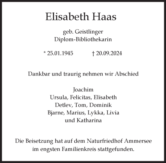 Traueranzeige von Elisabeth Haas von Süddeutsche Zeitung