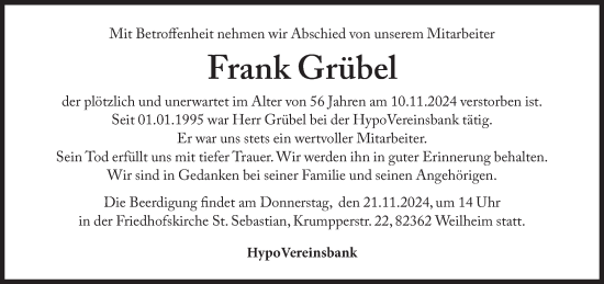 Traueranzeige von Frank Grübel von Süddeutsche Zeitung