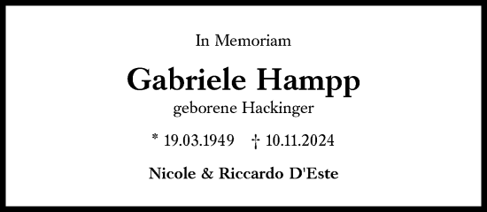 Traueranzeige von Gabriele Hampp von Süddeutsche Zeitung