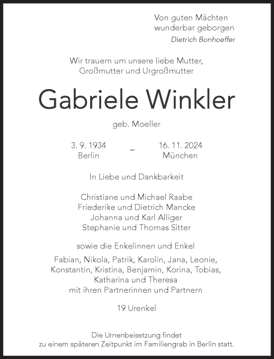 Traueranzeige von Gabriele Winkler von Süddeutsche Zeitung