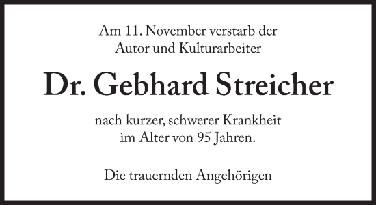 Traueranzeige von Gebhard Streicher von Süddeutsche Zeitung