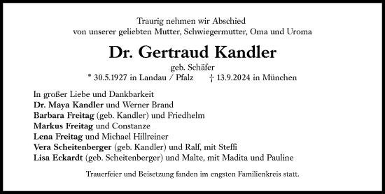 Traueranzeige von Gertraud Kandler von Süddeutsche Zeitung