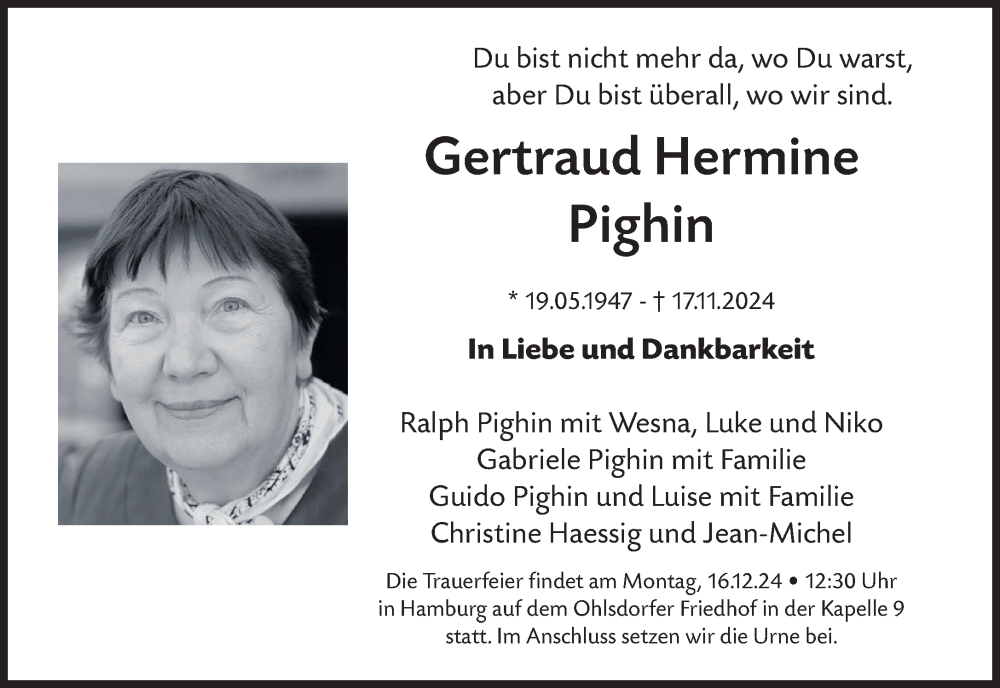  Traueranzeige für Gertraud  Pighin vom 26.11.2024 aus Süddeutsche Zeitung