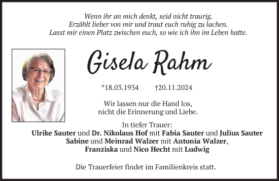 Traueranzeige von Gisela Rahm von Süddeutsche Zeitung