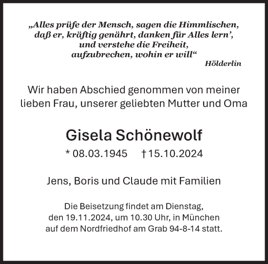 Traueranzeige von Gisela Schönewolf von Süddeutsche Zeitung