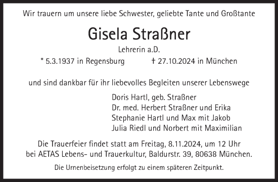 Traueranzeige von Gisela Straßner von Süddeutsche Zeitung