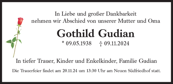 Traueranzeige von Gothild Gudian von Süddeutsche Zeitung