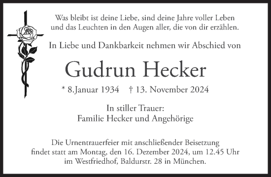 Traueranzeige von Gudrun Hecker von Süddeutsche Zeitung