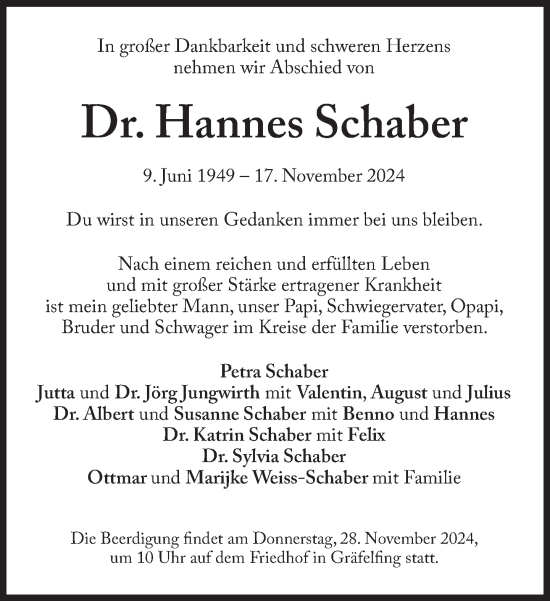 Traueranzeige von Hannes Schaber von Süddeutsche Zeitung