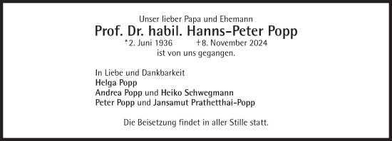 Traueranzeige von Hanns-Peter Popp von Süddeutsche Zeitung