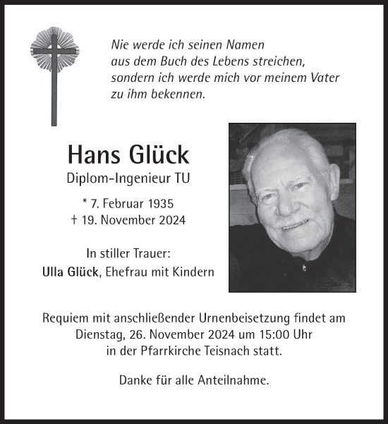 Traueranzeige von Hans Glück von Süddeutsche Zeitung