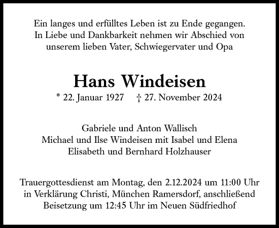 Traueranzeige von Hans Windeisen von Süddeutsche Zeitung