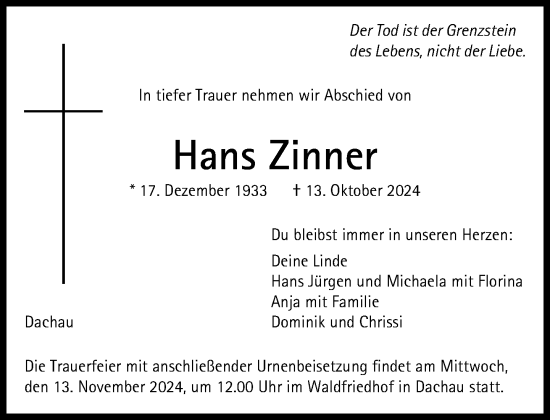 Traueranzeige von Hans Zinner von Süddeutsche Zeitung