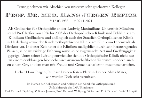 Traueranzeige von Hans Jürgen Refior von Süddeutsche Zeitung