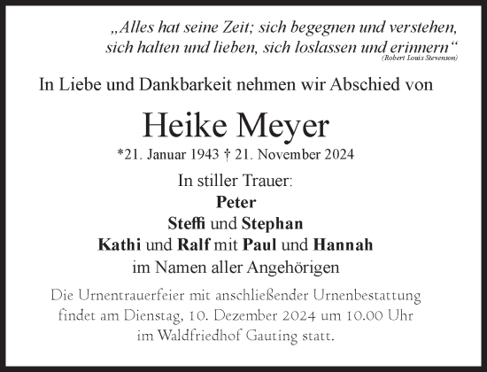 Traueranzeige von Heike Meyer von Süddeutsche Zeitung