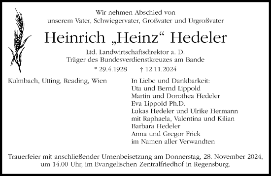 Traueranzeige von Heinrich Hedeler von Süddeutsche Zeitung