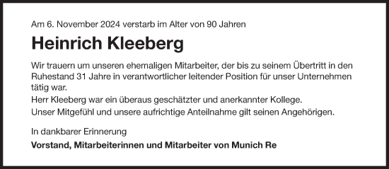 Traueranzeige von Heinrich Kleeberg von Süddeutsche Zeitung