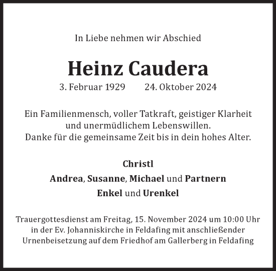 Traueranzeige von Heinz Caudera von Süddeutsche Zeitung