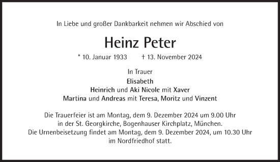 Traueranzeige von Heinz Peter von Süddeutsche Zeitung