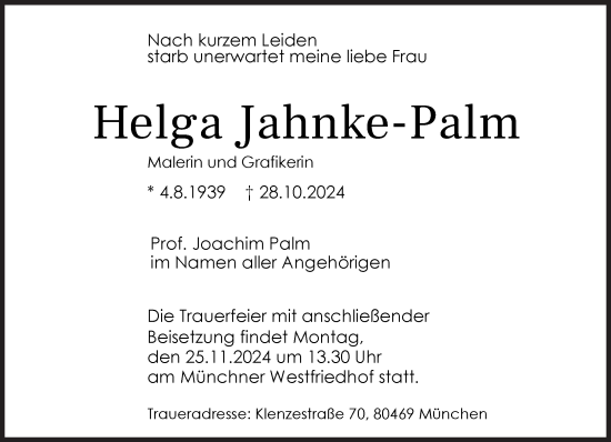 Traueranzeige von Helga Jahnke-Palm von Süddeutsche Zeitung