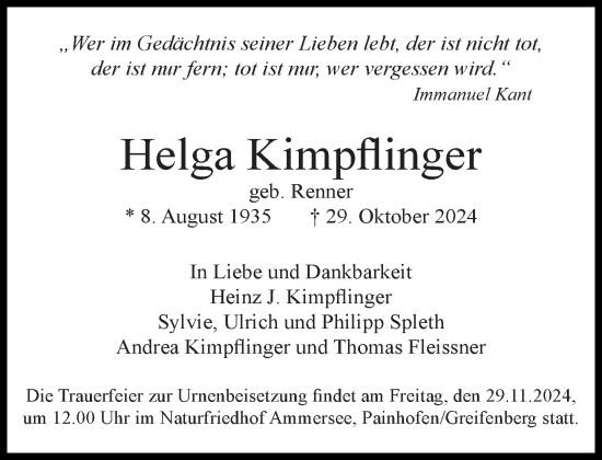 Traueranzeige von Helga Kimpflinger von Süddeutsche Zeitung