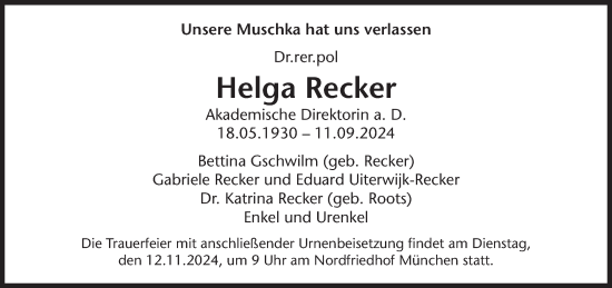 Traueranzeige von Helga Recker von Süddeutsche Zeitung