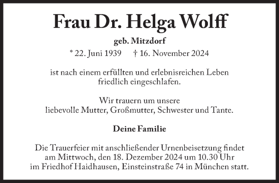 Traueranzeige von Helga Wolff von Süddeutsche Zeitung