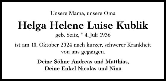 Traueranzeige von Helga Helene Luise Kublik von Süddeutsche Zeitung