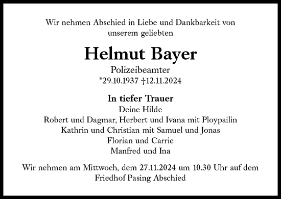 Traueranzeige von Helmut Bayer von Süddeutsche Zeitung