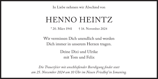 Traueranzeige von Henno Heintz von Süddeutsche Zeitung