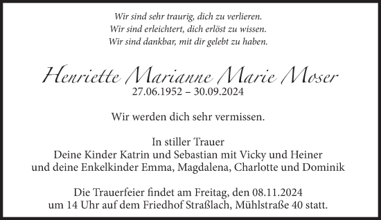 Traueranzeige von Henriette Marianne Marie Moser von Süddeutsche Zeitung