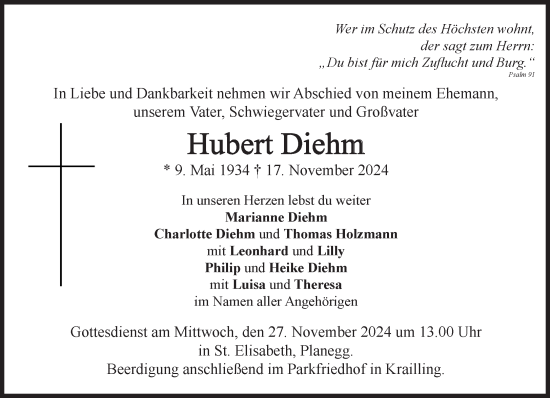 Traueranzeige von Hubert Diehm von Süddeutsche Zeitung