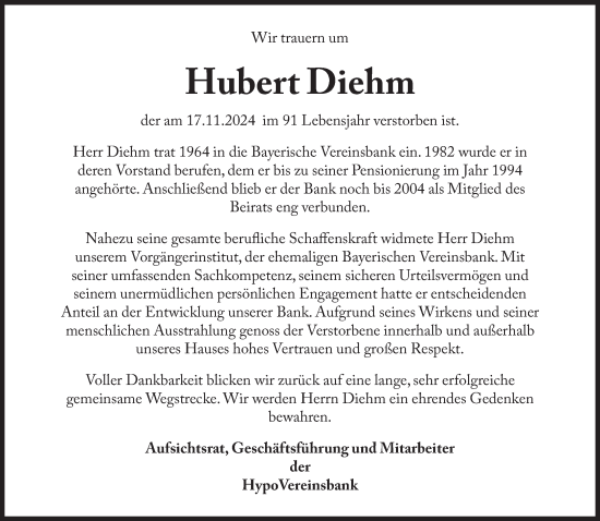 Traueranzeige von Hubert Diehm von Süddeutsche Zeitung