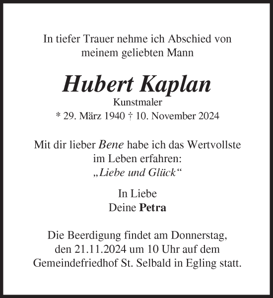 Traueranzeige von Hubert Kaplan von Süddeutsche Zeitung