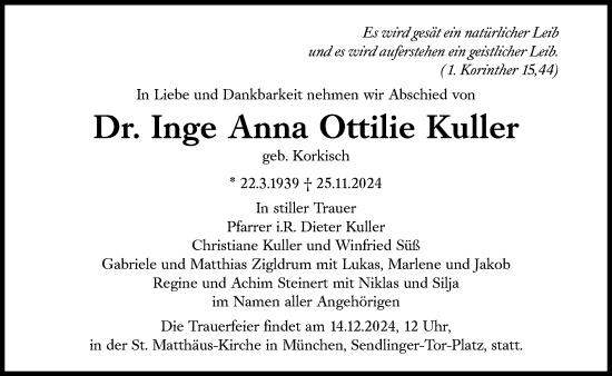 Traueranzeige von Inge Anna Ottilie Kuller von Süddeutsche Zeitung