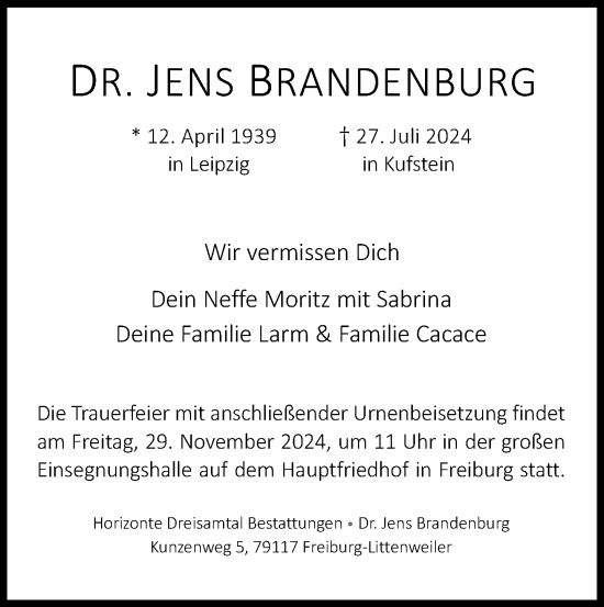 Traueranzeige von Jens Brandenburg von Süddeutsche Zeitung