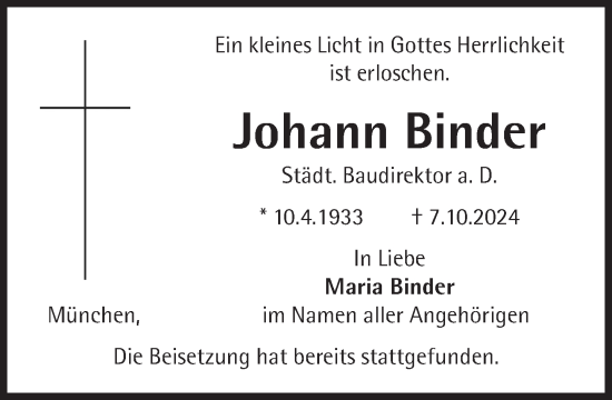 Traueranzeige von Johann Binder von Süddeutsche Zeitung