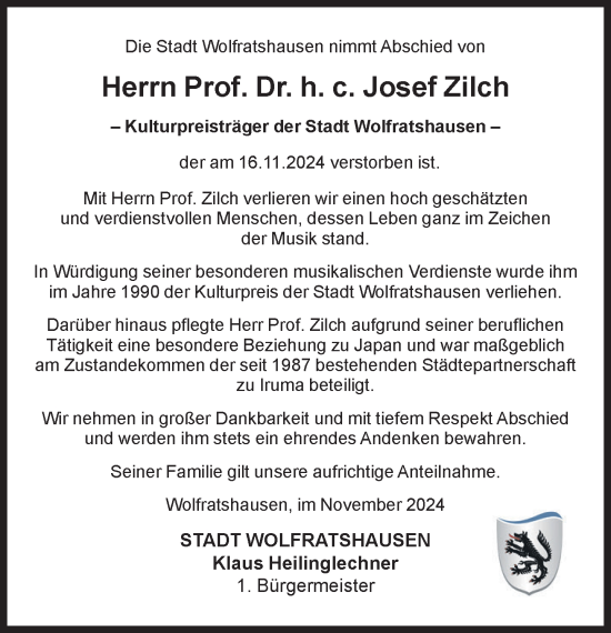 Traueranzeige von Josef Zilch von Süddeutsche Zeitung