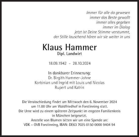 Traueranzeige von Klaus Hammer von Süddeutsche Zeitung