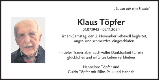 Traueranzeige von Klaus Töpfer von Süddeutsche Zeitung