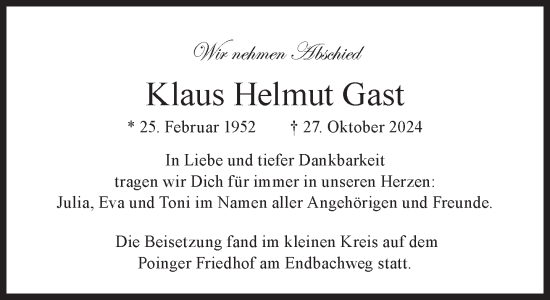 Traueranzeige von Klaus Helmut Gast von Süddeutsche Zeitung